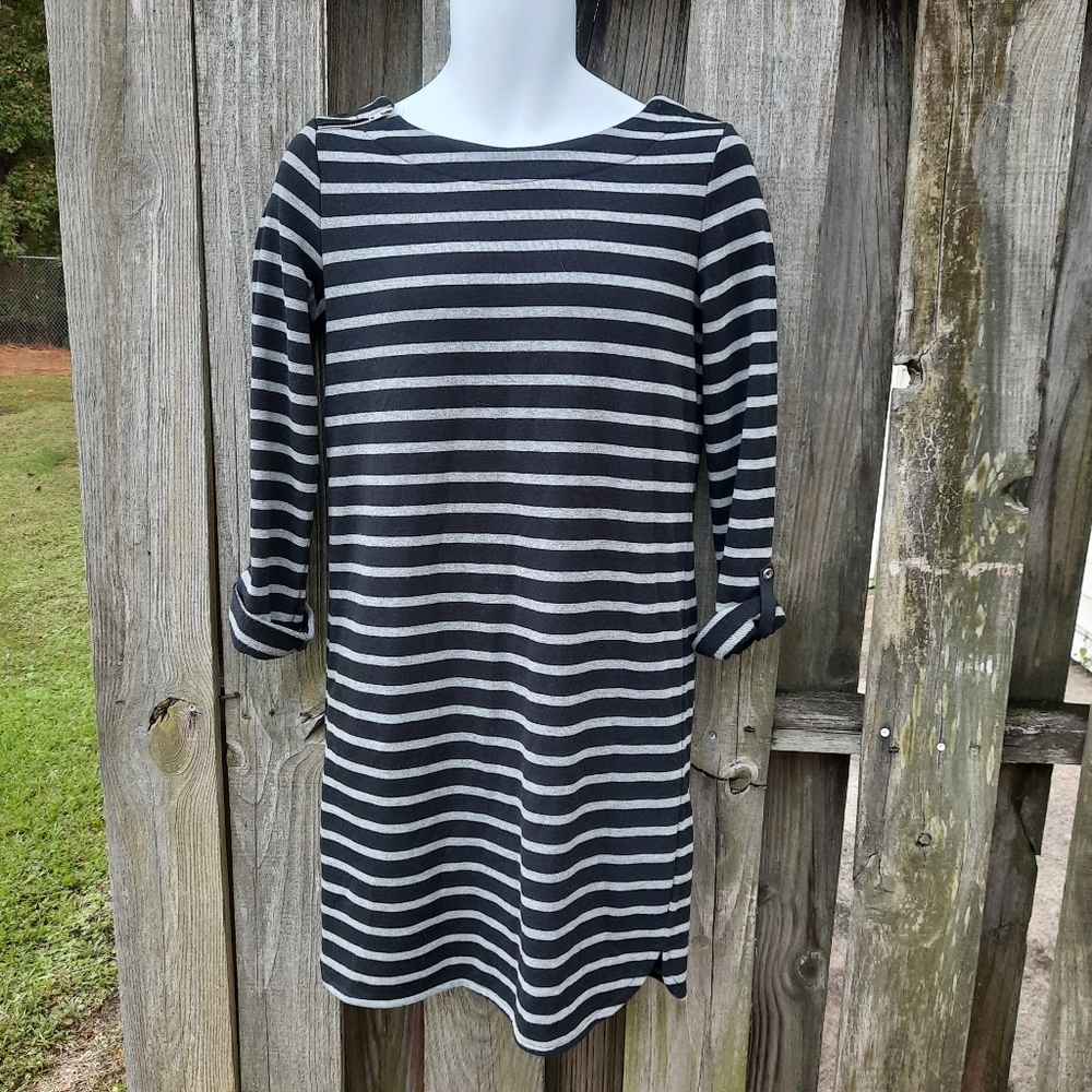 MERONA Women's Knit Shift Dress Black gray Stripe Roll tab Long Sleeve Size XS
